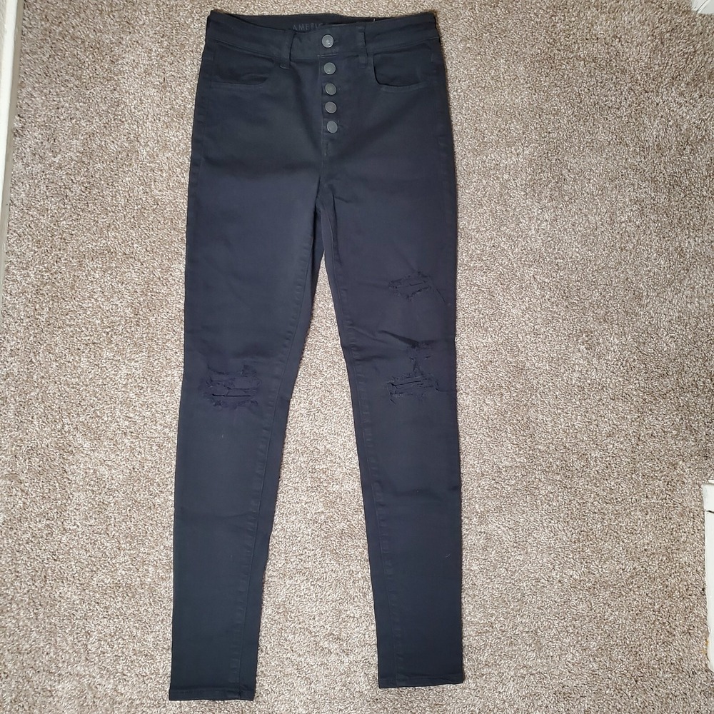 American Eagle Next Level Stretch Black High Waist Skinny Distressed Jeans 4